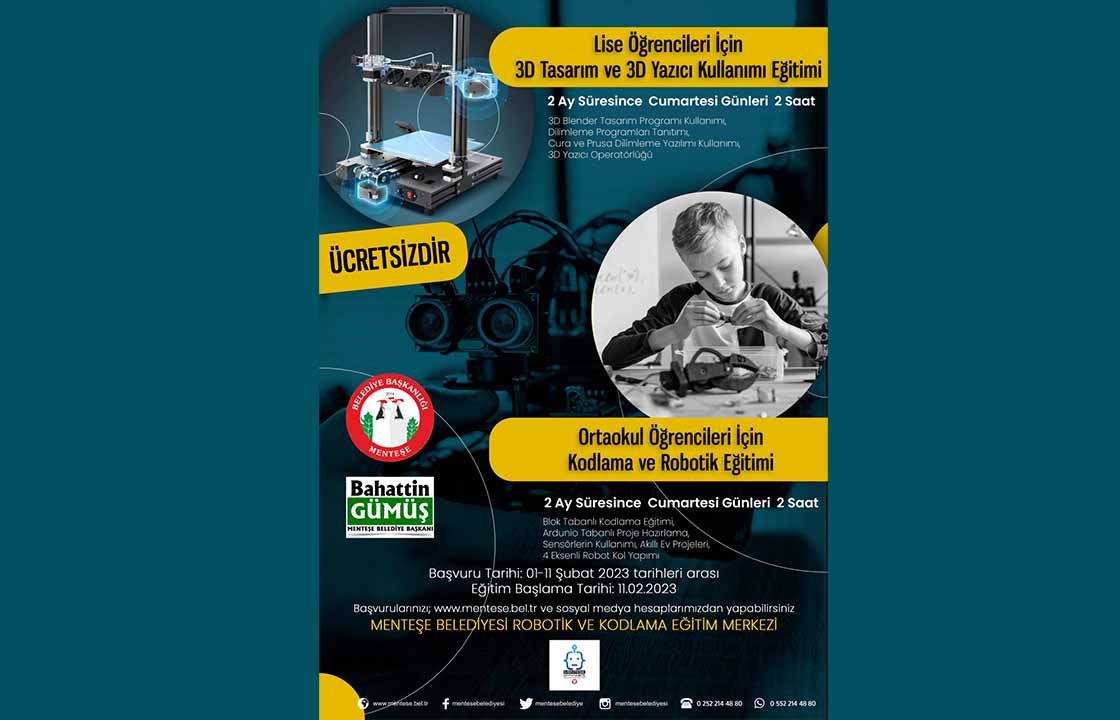 MENTEŞE BELEDİYESİ KODLAMA, ROBOTİK VE 3D TASARIM VE YAZICI EĞİTİMLERİNE BAŞVURULAR BAŞLADI